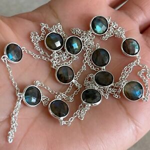 NATURAL ROUND BLUE LABRADORITE 925 STERLING SILVER LONG CHAIN NECKLACE 36" MALA