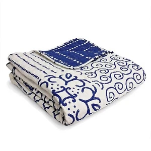 Throw Blanket Blue White Cotton Patchwork Classic Design Couch Chair Bedding - Picture 1 of 5
