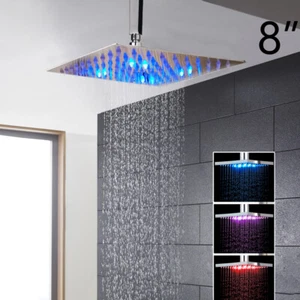 8" LED Bathroom Square Shower Faucet Chrome Rain Heads Ceiling Mounted Mixer Tap - Picture 1 of 4