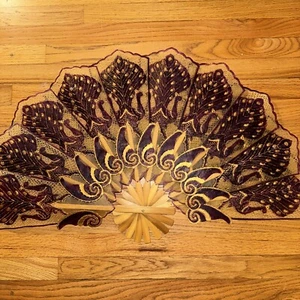 LARGE PIERCED VELLUM INDONESIAN WALL FAN PURPLE AND GOLD PEACOCK 30" X 20" - Picture 1 of 12