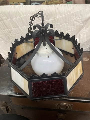 Vintage MCM Gothic Wrought Iron Slag Glass Ceiling Light Fixture & Globe Cover