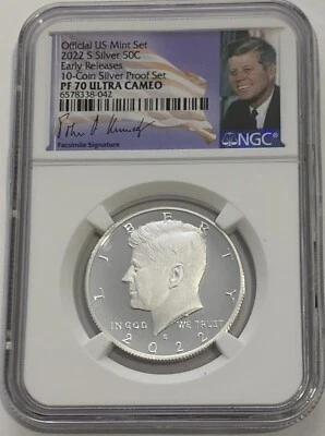 2022 S NGC PF70 Ultra Cameo Proof .999 Silver Kennedy Half Dollar Early Release - Image 1 of 3