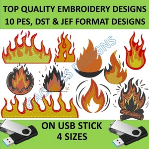 Fire Embroidery Design Pack on USB | 10 Flame Machine Embroidery Patterns PES - Picture 1 of 1