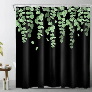 Green Leaf Shower Curtain Green Eucalyptus Leaves on Black Background Bathroo... - Picture 1 of 9