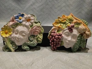 Maschere in terracotta quattro stagioni dipinte a mano decorazione arte da parete Italia set di due - Foto 1 di 8