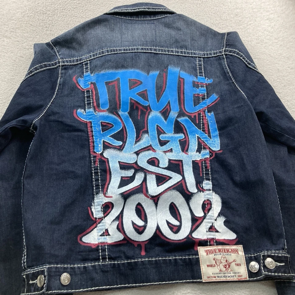 Chaqueta de Camionero True Religion Graffiti Denim Hombres XL Azul Envejecido Indigo Trippi Foto 1 de 4