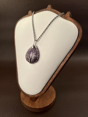 Collar colgante árbol de la vida envuelto en alambre de acero amatista natural joyería Foto 1 de 4