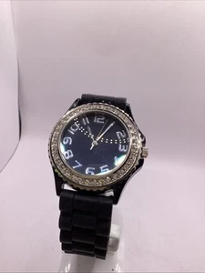 Womens Black Silver Quartz Rubber Rhinestone Fashion Watch New Battery! - Picture 1 of 6