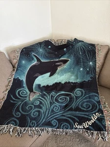 Sea World Tapestry Woven Throw Blanket Coverlet Cotton Shamu Killer Whale Orca - Picture 1 of 5