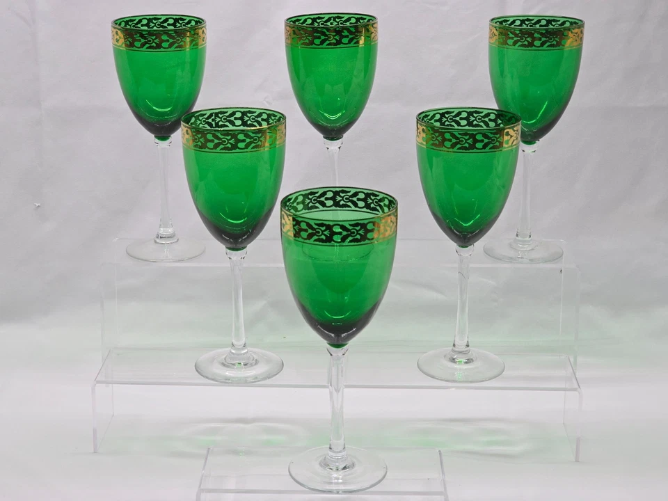 PIER 1 IMPORTS 8.75" Water Goblet EMERALD GREEN With Gold Banding - Set Of 6 - Image 1 of 4