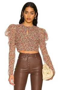 Bardot Revolve Rüschen Ditsy Blumen Puff Schulter Crop Top Bluse Gr. S - Bild 1 von 8
