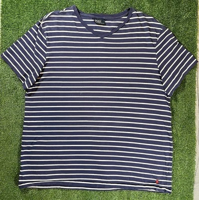 Винтажная мужская футболка Polo Ralph Lauren с коротким рукавом с V-образным вырезом в полоску XL синяя белая - Изображение 1 из 4