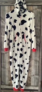 One Piece Full Zip Hoodie Fleece Pajamas Union Suit Red White Black Cow Print L - Picture 1 of 13