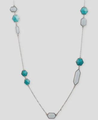 New Lucky Brand Turquoise Bezel Illusion Long Necklace in Silver-Tone, 34"L $49 - Image 1 of 4