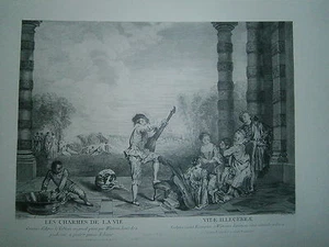 Planche gravure  Les charmes de la vie  d'après le tableau de Watteau - Picture 1 of 1
