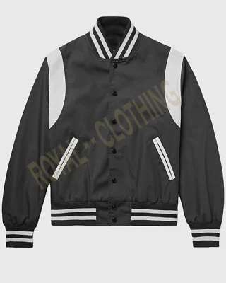 New Men's Varsity Bomber baseball Black & White Shoulder Strip All Satin Jacket  - Image 1 of 4