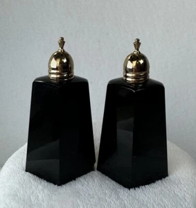 Vintage Mikasa Japan Black & Gold Salt Pepper Shakers Art Deco Revival 1980s - Picture 1 of 11