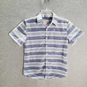 Penguin Boys Button Up Shirt Large Blue Gray Striped Logo Embroidered Collar  - Picture 1 of 9