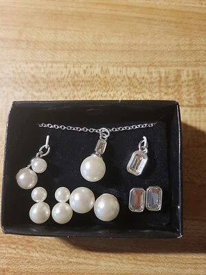 Avon Luminous Pearleque Wardrobe Set With Necklace, 2 Pendants & 3 Pr. Earrings - Image 1 of 3