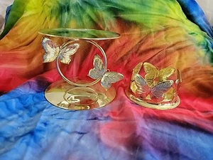 NOS Metal Glow Goldtone Butterfly Pillar Candle Holders - Picture 1 of 9