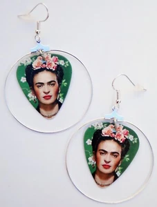 Frida Kahlo guitar pick silver hoop earrings! Mexican Festival Boho Vintage Art - Picture 1 of 1