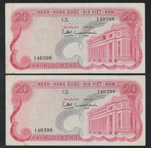 1969 South Vietnam National Consecutive Pair Hai Mươi Đồng Banknotes Pick 24a - Picture 1 of 3