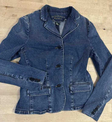 LRL Ralph Lauren Women's Denim Blazer Jacket Size L Blue Jean Stretch Button Up - Image 1 of 4