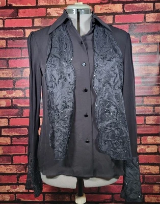 Blusa de seda negra Lauren Ralph Lauren para mujer talla 6 Fairycore con cuentas  Foto 1 de 4