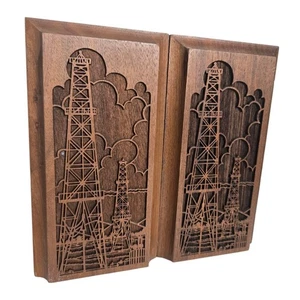 Vintage Mid Century Lasercraft Wood Engraved Bookends Gas & Oil Rigs 6.5" Tall  - Picture 1 of 15