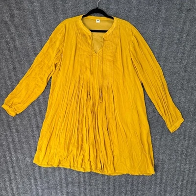 Старый темно-синий женщин L желтый плиссированные туника верхний длинным рукавом V шеи богемное Cottagecore - Изображение 1 из 4