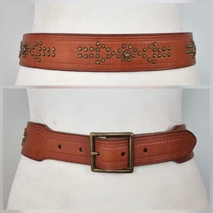 RALPH LAUREN S 28-32" Brown Brass Studded Geometric Leather Belt Western Boho - Picture 1 of 23
