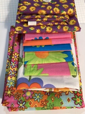 Lot of 10 Fabric Scraps Bright Floral Purple Orange Pink Blue Yellow - Image 1 of 4