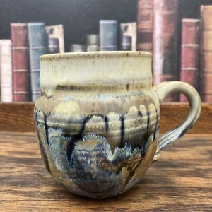 Handmade Pottery 12oz Mug Art Signed Speckled Pottery Blue Drip Glaze - Picture 1 of 10
