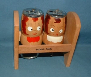WOOD RAG DOLL DECAL OPENER, CORK SCREW, SALT & PEPPER SHAKERS - JAPAN - USED - Bild 1 von 4