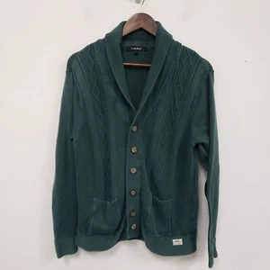 True Rock Mens Cable Knit Button Up Cardigan Size L Green Preppy Forest Academia - Picture 1 of 9