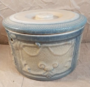 Antique Stoneware Yellow Ware Ornate Design Floral Blue Butter Crock w/ Lid - Picture 1 of 23