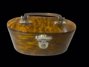 Vintage 40er 50er HEDY Lucite Handtasche Mini Box Tasche Top Henkel Retro Marmoriert AMBER - Bild 1 von 5