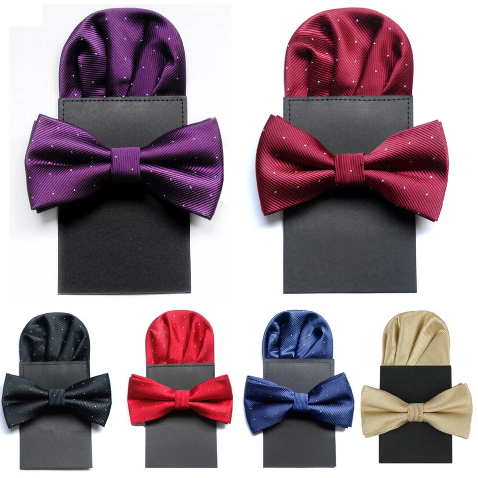 Men Silver Polka Dots Bowtie Pre-Folded Handkerchief Bow Ties Pocket Square Set - Image 1 of 1