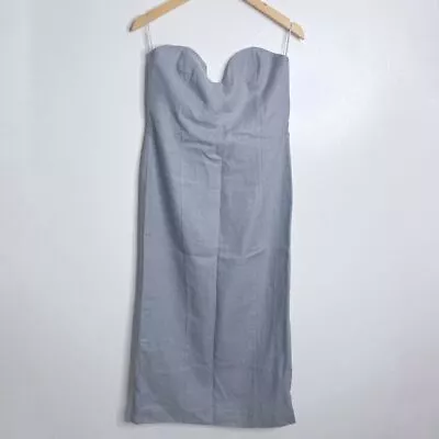 Massimo Dutti Studio Linen Midi Dress Sweetheart Neckline Strapless Blue Large - Image 1 of 4