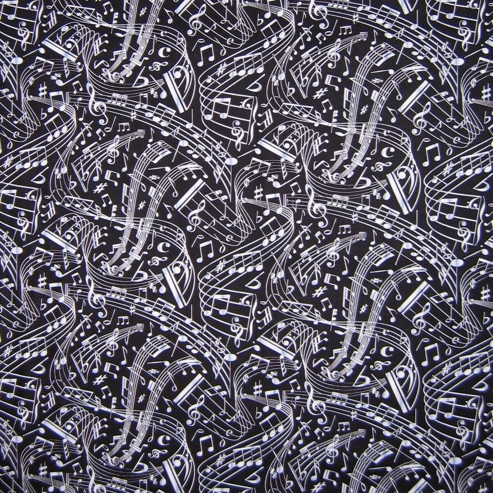 Music Fabric - Gray & White Note Scale Swirl on Black - Timeless Treasures YARD - Image 1 of 1