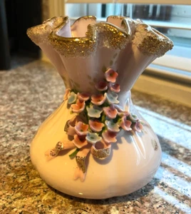 Vintage Lefton Porcelain Hand-Painted Floral Pinched Ruffle Pink Vase 4"H - Picture 1 of 13