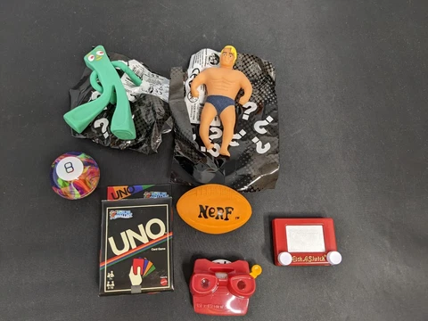 World's Smallest Micro Toy Box 7 pieces  miniature toy lot Gumby , Uno, 8ball Cover
