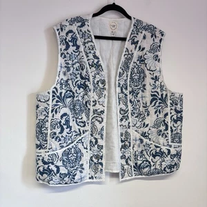 River Island Boho Waistcoat Gilet Size Large White Blue Floral Sequin Cotton - Picture 1 of 14