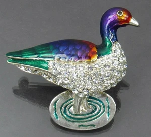 Mallard Duck in Pond Brooch Pin Colorful Enamel & Rhinestones Unbranded - Picture 1 of 10