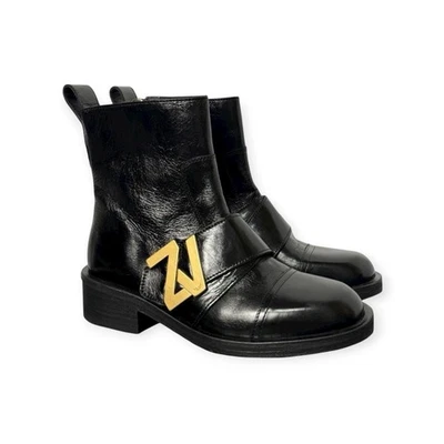 Sapatos Zadig & Voltaire couro preto zíper lateral logotipo fivela UE 36 EUA 5.5 EUC - Imagem 1 de 4