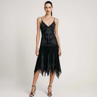 复古 Stenay 真丝懒人连衣裙黑色串珠亮片奇思格斯围巾下摆 Midi — 第 1/4 张图片