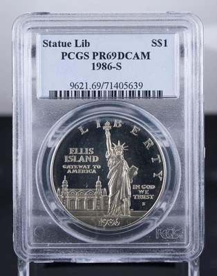 Certified 1986-S Silver $1 PCGS PR69DCAM Statue of Liberty Ellis Island  - Image 1 of 4