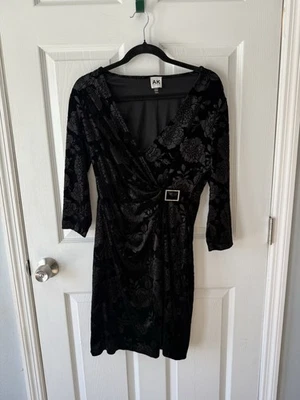 Anne Klein Women’s M Black Embossed Stretch Velvet Faux Wrap Dress Holiday Party - Image 1 of 4