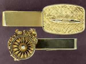 C1950s Vintage Lot 2 Aviation Tie Clip Bar Gold Tone Airplane Jet Engine Motor - Picture 1 of 7