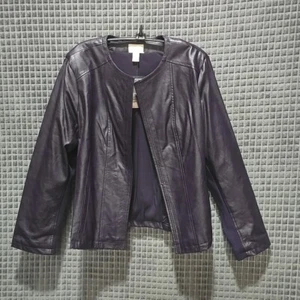 Purple Faux Leather Moto Jacket Lg Chicos 2 Stretch Biker Bomber Boho Glam Rock - Picture 1 of 16